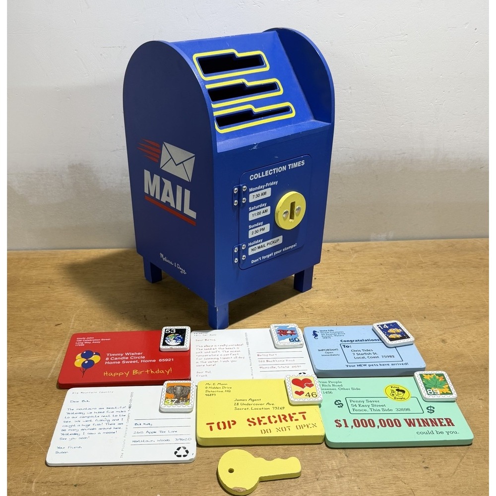 Melissa & Doug Wood Toy Mailbox Pretend Play Set Letters Stamps Key Blue